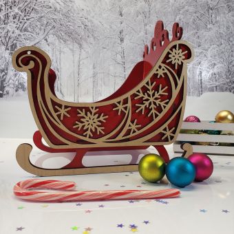 Red Holiday Sleigh with Reindeer – Flat-Pack Wood Decor